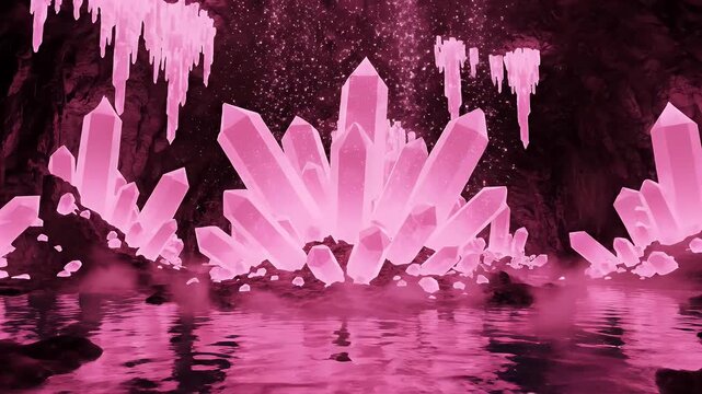 Pink Crystal Cavern - This video depicts a generative AI scene of a glowing pink crystal cavern. The cavern is filled with water and the crystals are of varying sizes.
