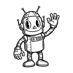 Fototapeta premium Friendly Robot Waving Hello Black and White Illustration.