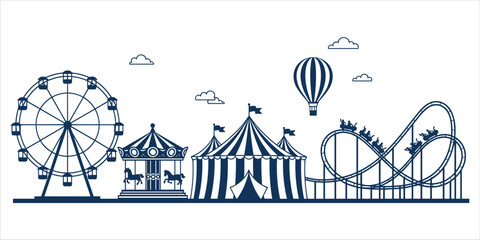 Outline illustration of an amusement park with Ferris wheel, carousel, and roller coaster theme park © MdAbdur