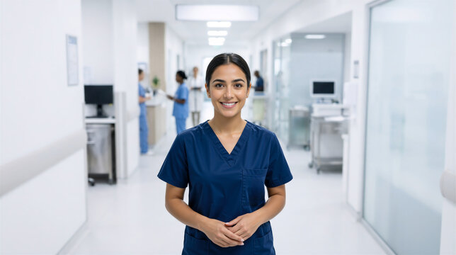 Smiling female nurse in blue scrubs standing in hospital corridor. Confident young medical professional portrait. Healthcare worker in modern clinical hallway