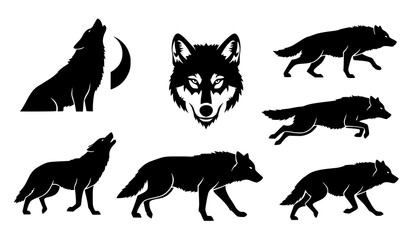 Fototapeta premium Minimal Wild Wolf Black Silhouette Vector Icon Collection