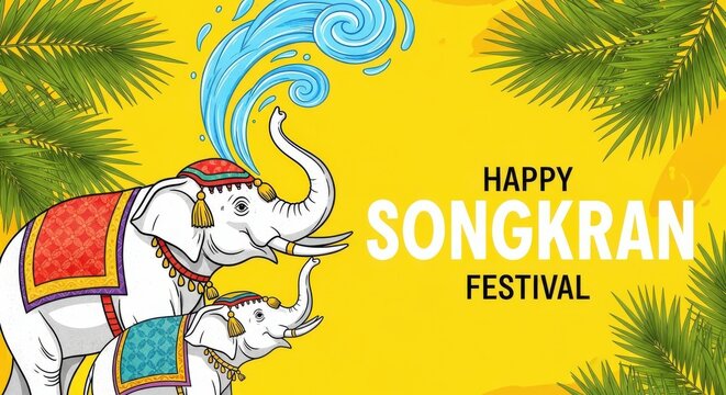 Happy songkran festival celebration with elephants and water splashing