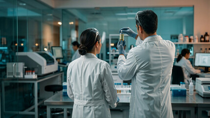Obraz premium Scientists examining liquid sample in glass vial in modern laboratory. Professional researchers in white lab coats working on biotechnology project. Scientific research and analysis concept