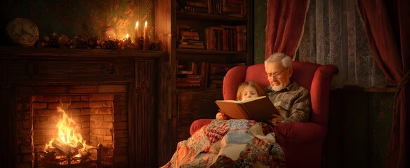 Naklejka premium Grandparent reads bedtime story in cozy armchair by fireplace while child rests quietly.