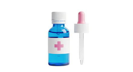 A small blue medicine bottle with a white cap and pink cross on a transparent background