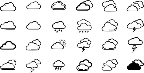 Naklejka premium Collection of simple, stylized cloud icons on a white background for weather and network – Black and White Vector Illustration