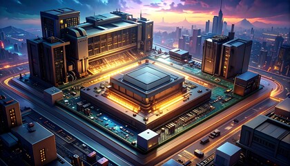 Fototapeta premium Futuristic Microchip Cityscape: A Fusion of Technology and Urban Landscape