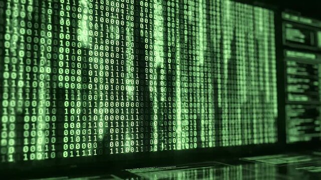 Green Binary Code Display - An abstract close-up shows green binary code cascading down a computer screen. The video suggests concepts like data, technology, coding, and digital information.