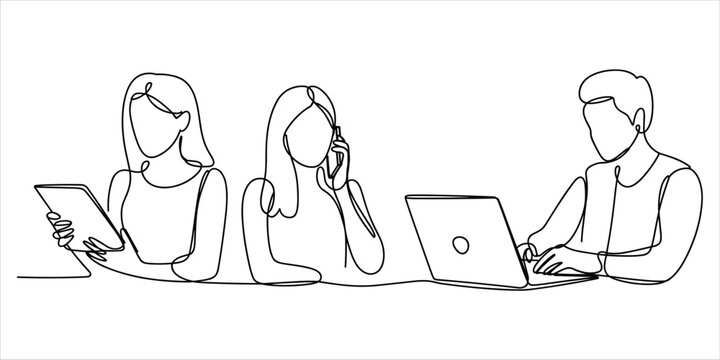 Continuous Line Drawing of Three People Working Together with Technology Keywords: continuous line drawing, people, teamwork