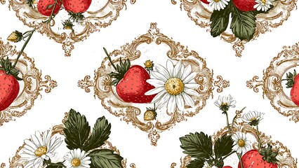 Vintage Strawberry and Daisy Pattern with Elegant Floral Motifs and Cream Background © RAKSIWAH