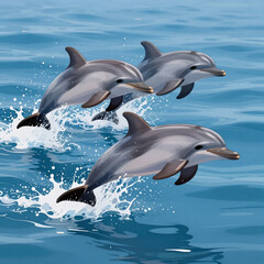 Obraz premium Biomechanical Sea Jumping. Marine Wildlife Illustration Featuring Playful Dolphins Jumping In Blue Ocean Waves
