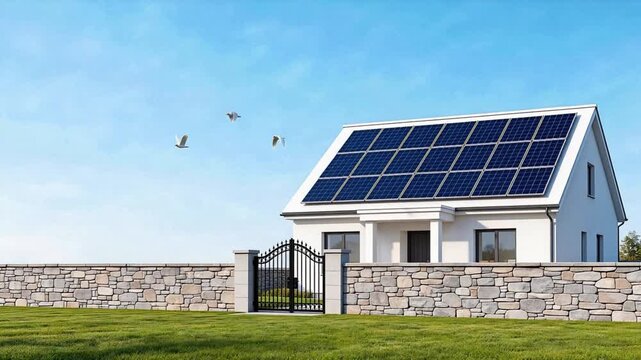 Modern white house with solar panels on roof, stone wall fence, green lawn, and flying birds under clear blue sky &ndash; sustainable living and renewable energy concept