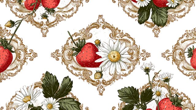 Vintage Strawberry and Daisy Pattern with Elegant Floral Motifs and Cream Background