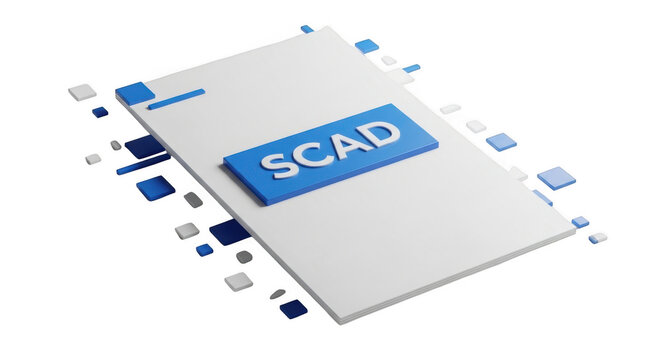 A blue and white square with scad logo on a transparent background with various colored squares