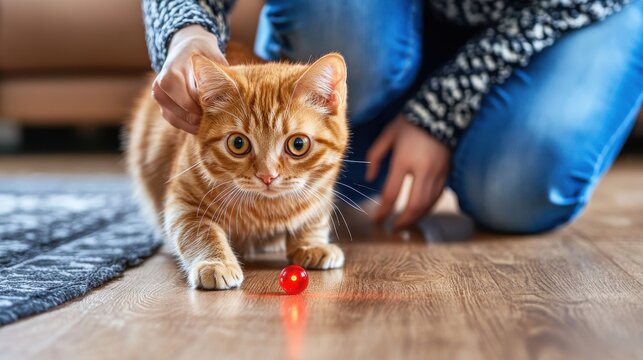 Orange kitten playing with laser pointer on wooden floor