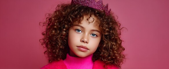 Fototapeta premium The girl with curly hair dons a glitter crown and vibrant pink attire.