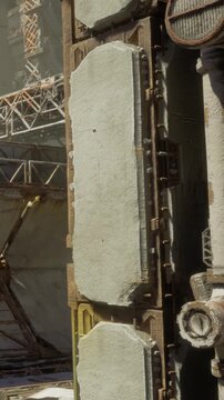 A close up look at a mechanical structure located in an urban area. Various pipes and panels are visible under bright sunlight. This scene shows construction and industrial design elements in action.