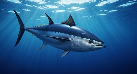 Obraz premium Atlantic Bluefin Tuna Swimming Gracefully in Clear Ocean Waters Under Bright Sunlight