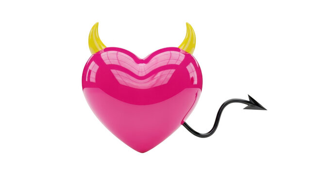 A pink heart with yellow devil horns and a black tail on transparent background