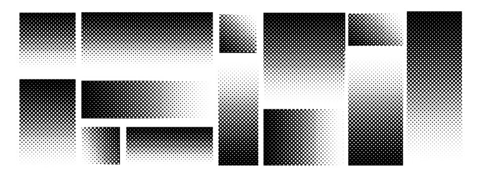 Dot halftone background pattern gradient vector half abstract black graphic. This tone design features white and black shapes with grain noise effect, geometric gradation, and dither textures.