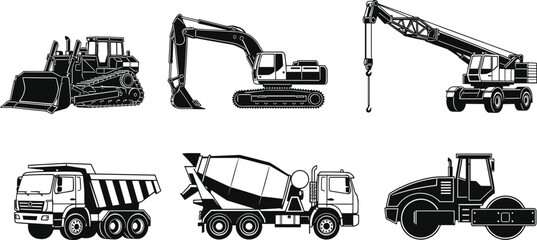 Construction vehicle, silhouette, bulldozer, excavator, crane, dump truck, concrete mixer, road roller, black and white, heavy machinery, infrastructure, industrial, technical sketch © MSTMOMENA