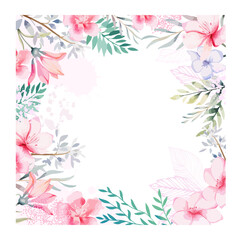 Obraz premium Delicate frame with pink watercolors flowers. Hand drawn. Not AI, vector illustration