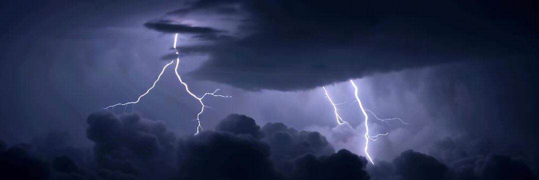 Dark storm clouds with bright lightning strikes and dramatic sky, powerful thunderstorm video banner background, climate change, nature power, extreme weather news concept.