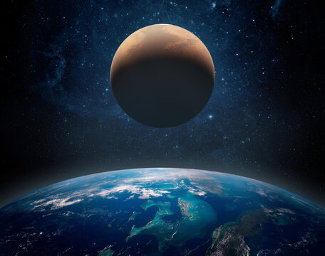 Mars rising above the horizon of Earth in deep space. Dramatic view of the red planet over Earth with visible atmosphere, stars and the Milky Way. Elements of this image furnished by NASA.