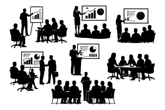 Silhouettes of business presentations and meetings with mixed-gender teams.