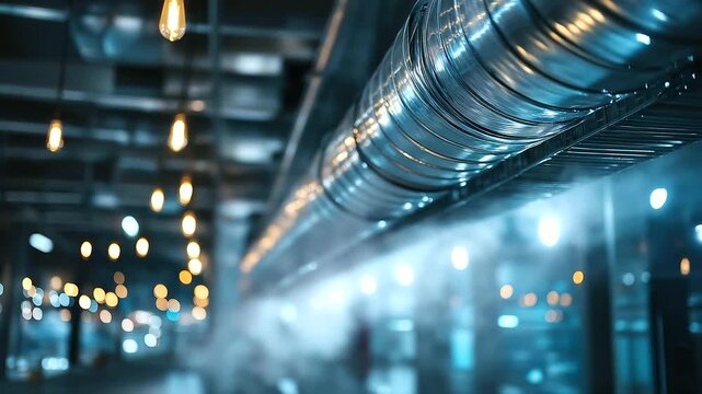 Industrial piping network with mist rising, reflections of overhead lights on polished steel, conveying power and complexity of modern manufacturing, infrastructure scene,