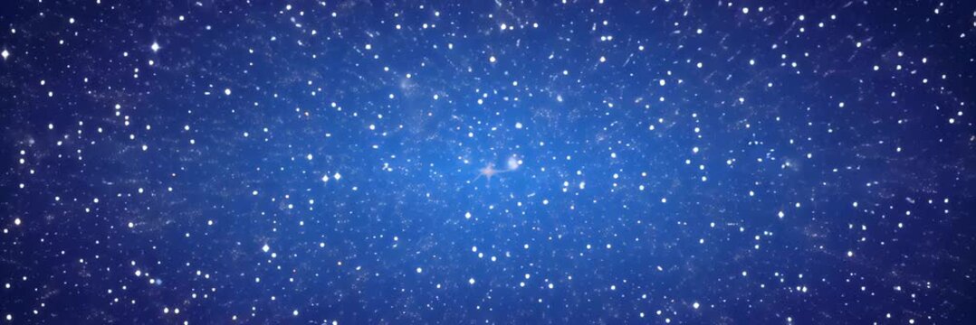 Deep blue starry night sky with bright stars and cosmic particles with large copy space, outer space video banner background, astronomy science discovery and universe exploration concept.