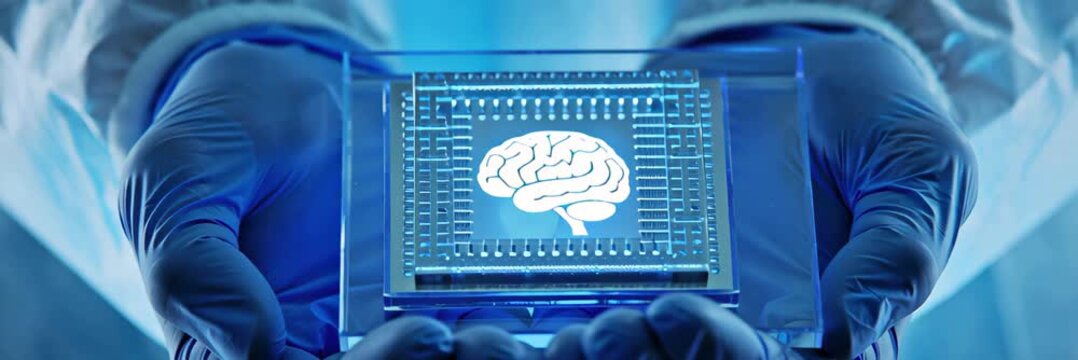 Hands holding glowing artificial intelligence brain chip with copy space, futuristic technology video banner background, innovation neural network and digital research concept.