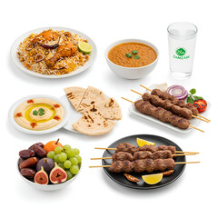 Fototapeta premium Middle Eastern Food Platter with Kebabs Hummus and Fruit.