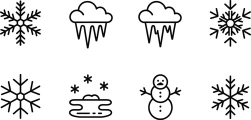 Minimalist outline icons representing winter and cold weather elements: snowflakes, icicles, clouds, and a snowman. © Nahidaakther