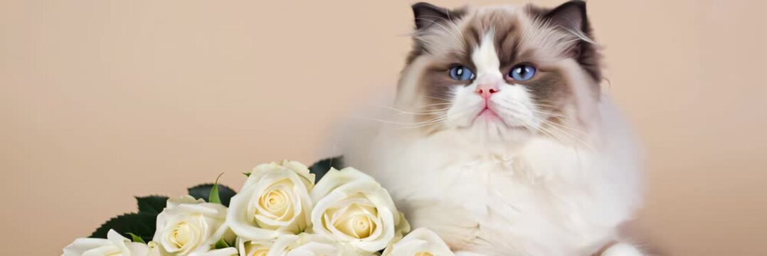 Fluffy cat with white roses and large copy space, romantic pet video banner background, love tenderness and valentine day greeting concept.