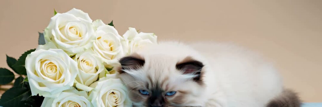 Cute fluffy cat resting near white roses with copy space, romantic valentine day pet video banner background, love tenderness and floral greeting concept.
