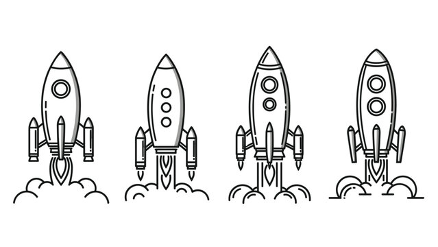 Set of four different rocket ship launch icons featuring various designs with smoke and flames in a minimalist line art style.