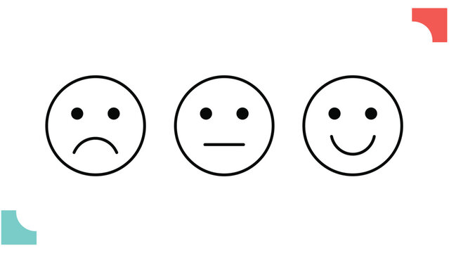 Three minimalist face icons with simple line expressions representing sad, neutral, and happy emotions for customer reviews.