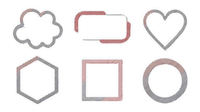 Decorative frames in different shapes like heart and cloud feature a unique red and black hatched texture for graphic design.