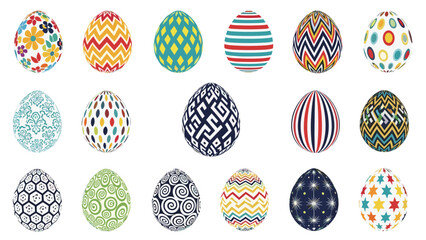 Fototapeta premium Collection of colorful easter eggs decorated with various patterns including floral geometric stripes and zigzags on white.