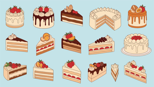 Large assortment of delicious cake slices and whole cakes with different toppings like fruit chocolate and cream on blue.