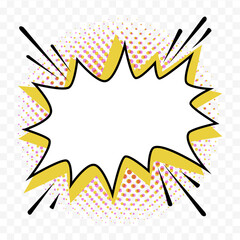 Comic starburst shape with dynamic splash lines in retro pop art vector style on transparent background. Starburst shape frame for promo banners and discount stickers.