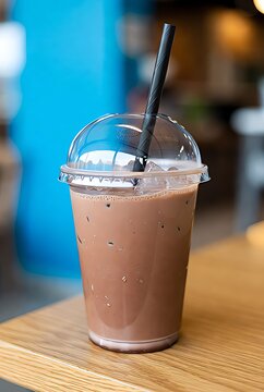 Chocolate milkshake in a clear plastic cup with a dome lid and black striped straw on a wooden table with a blue bokeh background.