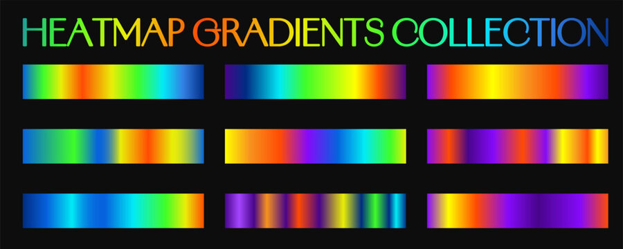 Heatmap gradients collection. Thermal set of rainbow gradient swatches with cold and hot distribution. Premium design rgb palette