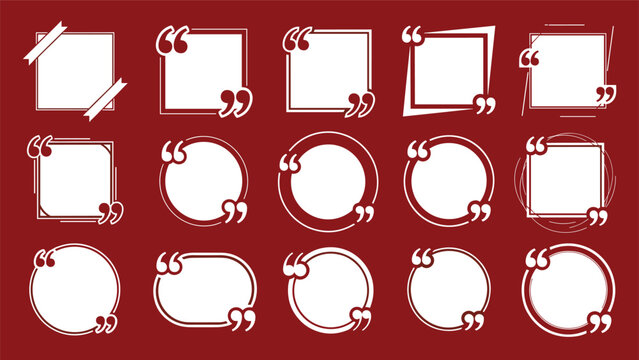 Large collection of white quote frames and speech bubbles with double commas on a dark red background for text layouts.