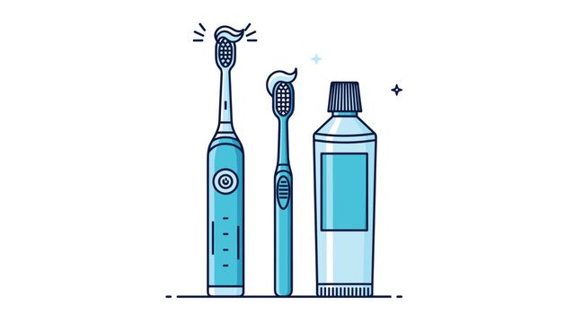 Electric toothbrush manual toothbrush and a tube of toothpaste for daily oral hygiene and dental care routine.