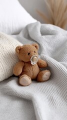 A plush teddy bear sitting on a textured blanket, surrounded by soft fabric and natural decor