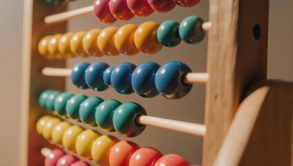 Close-up of a colorful wooden abacus with beads arranged on rods.