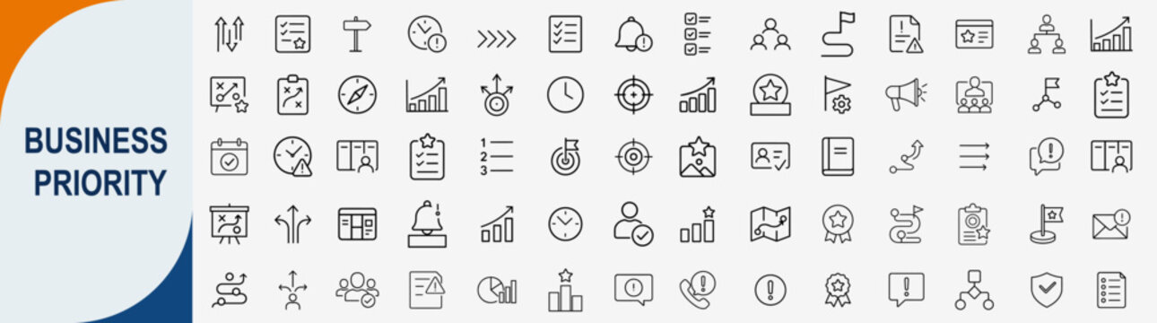 Business priority and strategic planning icons set, outline symbols for task urgency project management leadership and corporate organization vector illustration