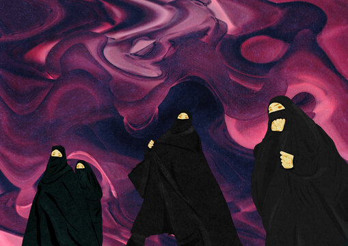 Ilustracja cztery kobiety w burkach na ciemnym abstrakcyjnym tle.
